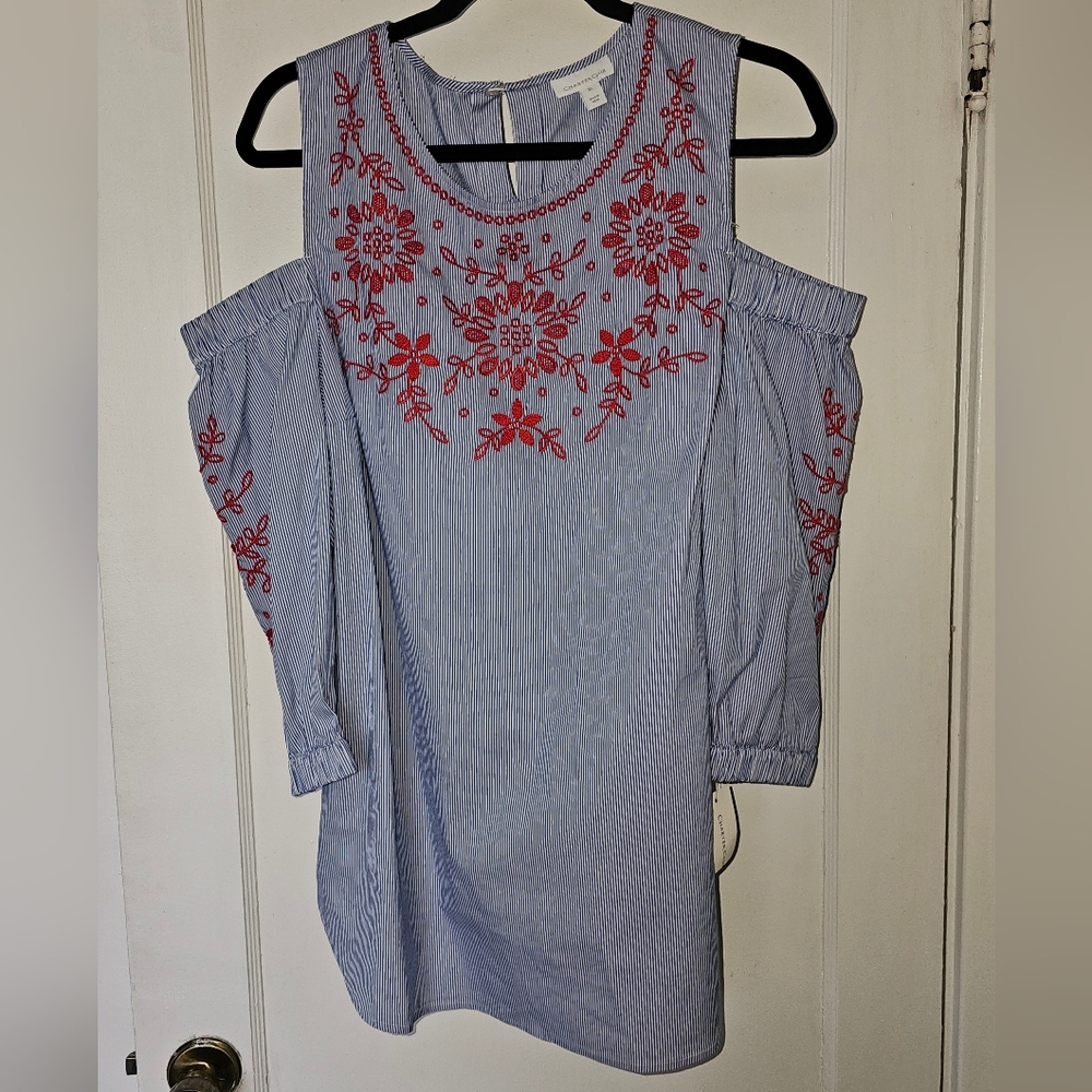 NWT Charter Club Blue Stripe w Embroidery, Cold Shoulder XL